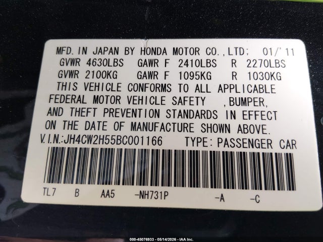 Auction sale of the 2011 Acura Tsx 2.4, vin: JH4CW2H55BC001166, lot number: 45076933