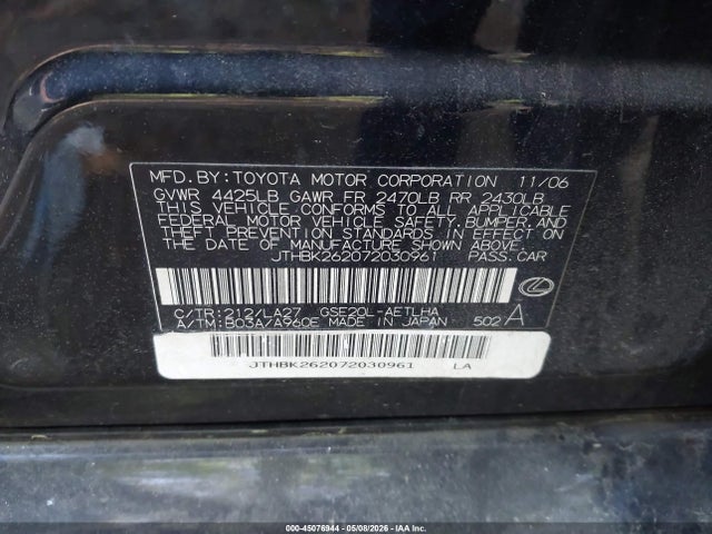 45076944 :رقم المزاد ، JTHBK262072030961 vin ، 2007 Lexus Is 250 مزاد بيع