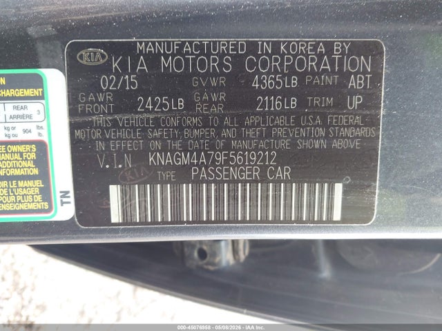 2015 Kia Optima Lx მანქანა იყიდება აუქციონზე, vin: KNAGM4A79F5619212, აუქციონის ნომერი: 45076958