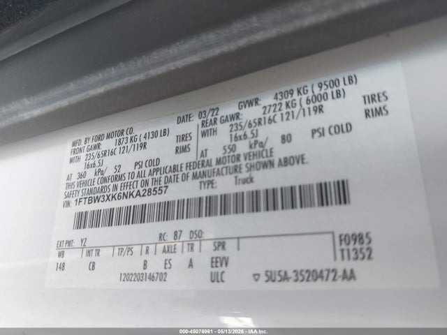 45076961 :رقم المزاد ، 1FTBW3XK6NKA28557 vin ، 2022 Ford E-transit-350 Cargo Van مزاد بيع