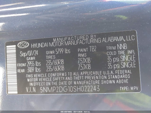 2025 Hyundai Santa Fe Hybrid Sel მანქანა იყიდება აუქციონზე, vin: 5NMP2DG10SH022243, აუქციონის ნომერი: 45076962