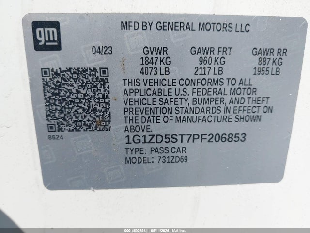 Продаж на аукціоні авто 2023 Chevrolet Malibu Fwd 1lt, vin: 1G1ZD5ST7PF206853, номер лоту: 45076981