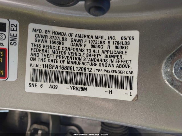 45076990 :رقم المزاد ، 1HGFA16886L120812 vin ، 2006 Honda Civic Ex مزاد بيع