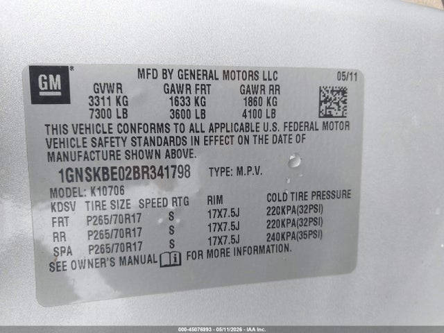 45076993 :رقم المزاد ، 1GNSKBE02BR341798 vin ، 2011 Chevrolet Tahoe Lt مزاد بيع