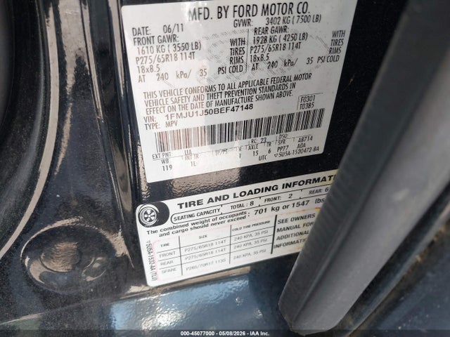 2011 Ford Expedition Xlt მანქანა იყიდება აუქციონზე, vin: 1FMJU1J50BEF47148, აუქციონის ნომერი: 45077000