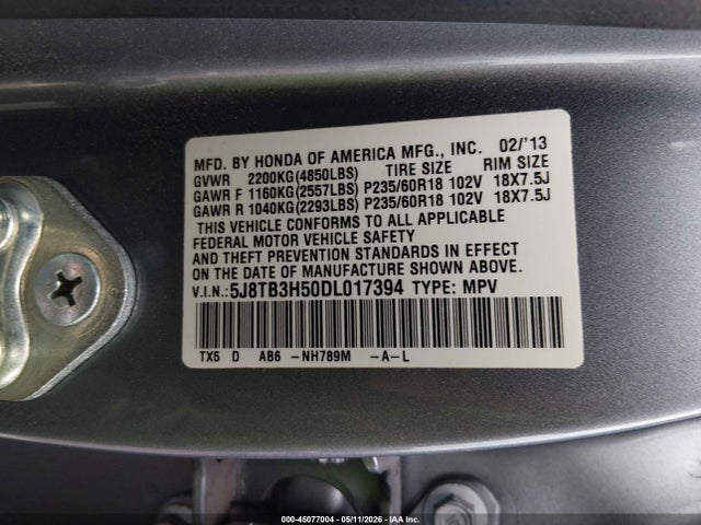 2013 Acura Rdx მანქანა იყიდება აუქციონზე, vin: 5J8TB3H50DL017394, აუქციონის ნომერი: 45077004