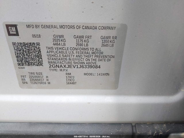 Продажа на аукционе авто 2018 Chevrolet Equinox Lt, vin: 2GNAXJEV1J6339084, номер лота: 45077014
