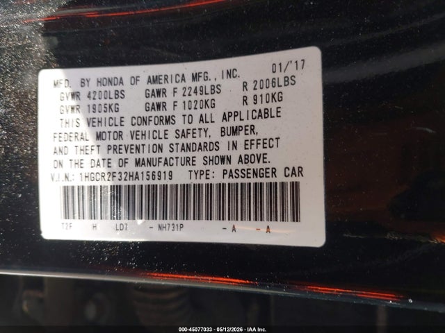2017 Honda Accord Lx მანქანა იყიდება აუქციონზე, vin: 1HGCR2F32HA156919, აუქციონის ნომერი: 45077033