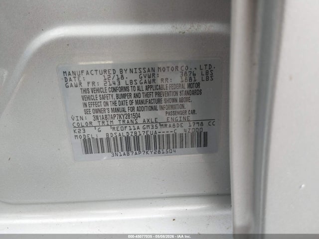 Aukcja sprzedaży 2019 Nissan Sentra Sv, vin: 3N1AB7AP7KY281504, numer aukcji: 45077035