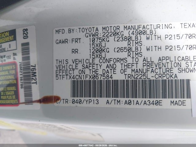Aukcja sprzedaży 2015 Toyota Tacoma, vin: 5TFTX4CN1FX067584, numer aukcji: 45077042