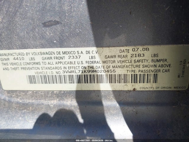 2009 Volkswagen Jetta Tdi მანქანა იყიდება აუქციონზე, vin: 3VWRL71K99M020455, აუქციონის ნომერი: 45077051