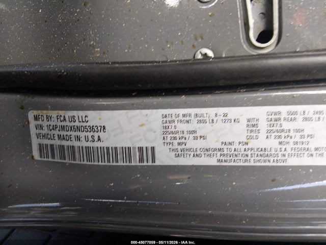 2022 Jeep Cherokee Limited 4x4 მანქანა იყიდება აუქციონზე, vin: 1C4PJMDX6ND536378, აუქციონის ნომერი: 45077059