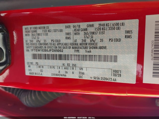 45077081 :رقم المزاد ، 1FTEW1EB0JFD05002 vin ، 2018 Ford F-150 Xl مزاد بيع