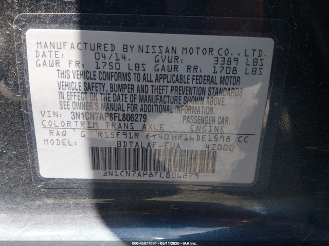 Aukcja sprzedaży 2015 Nissan Versa 1.6 S, vin: 3N1CN7AP8FL806279, numer aukcji: 45077091