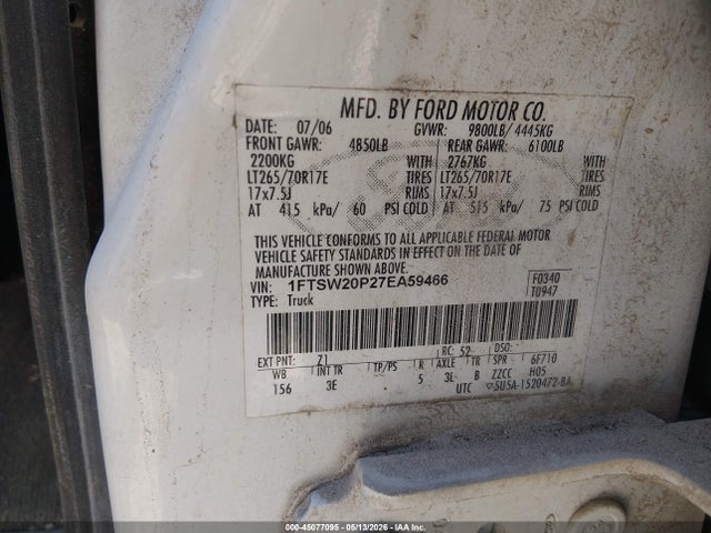Продажа на аукционе авто 2007 Ford F-250 Lariat/xl/xlt, vin: 1FTSW20P27EA59466, номер лота: 45077095
