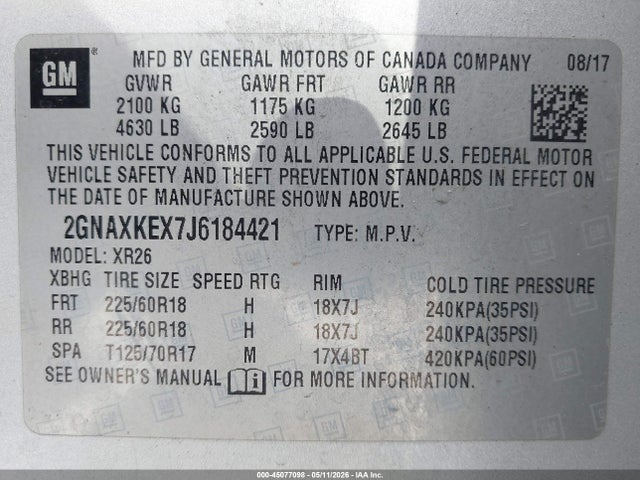 Продаж на аукціоні авто 2018 Chevrolet Equinox Lt, vin: 2GNAXKEX7J6184421, номер лоту: 45077098