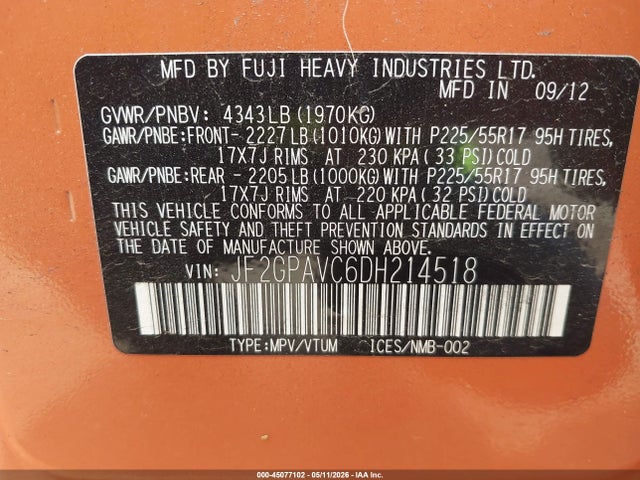45077102 :رقم المزاد ، JF2GPAVC6DH214518 vin ، 2013 Subaru Xv Crosstrek 2.0i Premium مزاد بيع
