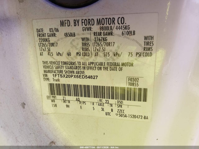 Продаж на аукціоні авто 2006 Ford F-250, vin: 1FTSX20PX6ED54827, номер лоту: 45077104