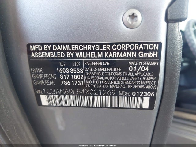 45077105 :رقم المزاد ، 1C3AN69L54X021269 vin ، 2004 Chrysler Crossfire مزاد بيع