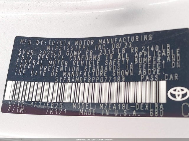 Продаж на аукціоні авто 2023 Toyota Corolla Le, vin: 5YFB4MDE8PP077189, номер лоту: 45077107
