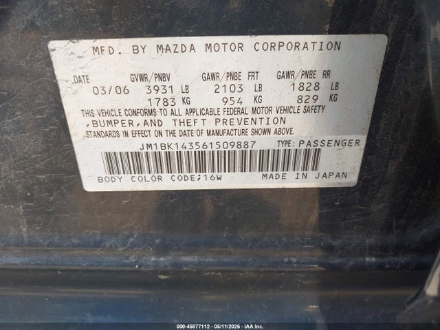 45077112 :رقم المزاد ، JM1BK143561509887 vin ، 2006 Mazda Mazda3 S مزاد بيع