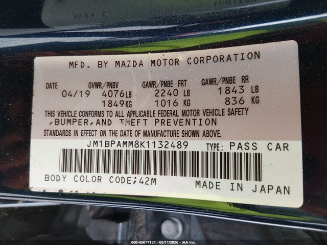 Aukcja sprzedaży 2019 Mazda Mazda3 Preferred Package, vin: JM1BPAMM8K1132489, numer aukcji: 45077131