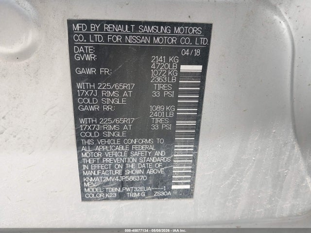45077134 :رقم المزاد ، KNMAT2MV4JP586370 vin ، 2018 Nissan Rogue S مزاد بيع