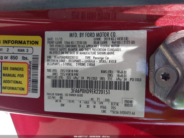 Ford FUSION SE 2014 3FA6P0HD9ER220151 Image 9