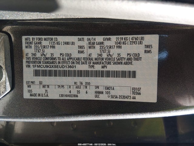 2014 Ford Escape Se მანქანა იყიდება აუქციონზე, vin: 1FMCU9GX5EUD13601, აუქციონის ნომერი: 45077146