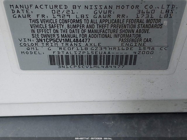 Продажа на аукционе авто 2021 Nissan Kicks Sv Xtronic Cvt, vin: 3N1CP5CV1ML484477, номер лота: 45077147