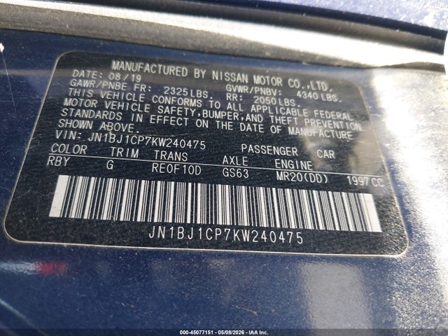 2019 Nissan Rogue Sport S მანქანა იყიდება აუქციონზე, vin: JN1BJ1CP7KW240475, აუქციონის ნომერი: 45077151