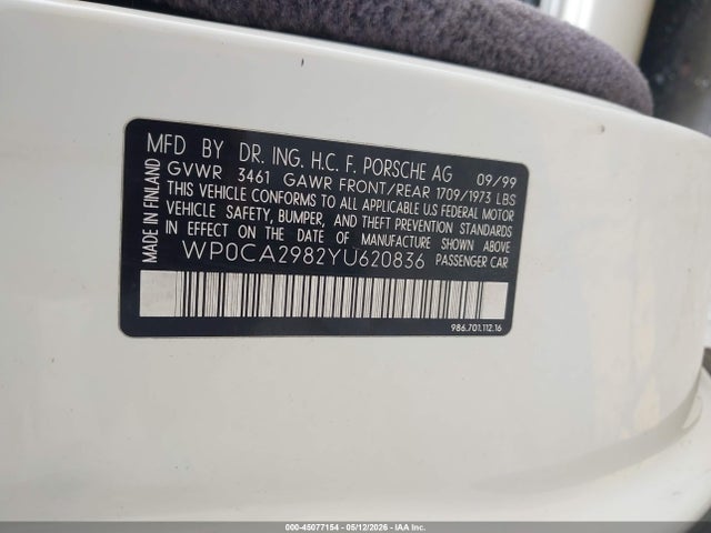 Продажа на аукционе авто 2000 Porsche Boxster, vin: WP0CA2982YU620836, номер лота: 45077154