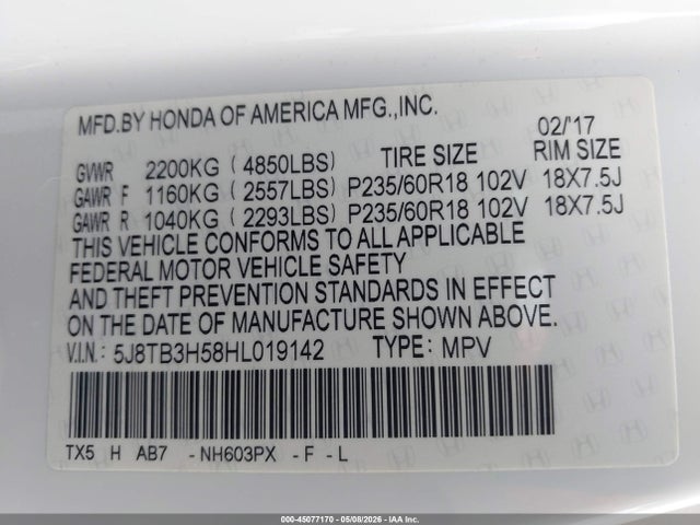Aukcja sprzedaży 2017 Acura Rdx Technology   Acurawatch Plus Packages/w/technology Package, vin: 5J8TB3H58HL019142, numer aukcji: 45077170