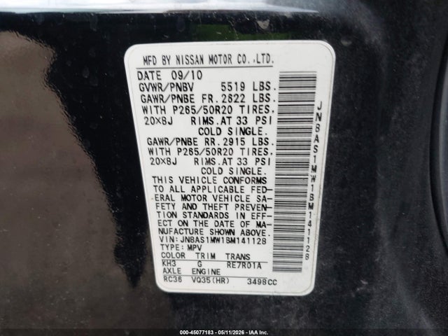 Aukcja sprzedaży 2011 Infiniti Fx35, vin: JN8AS1MW1BM141128, numer aukcji: 45077183