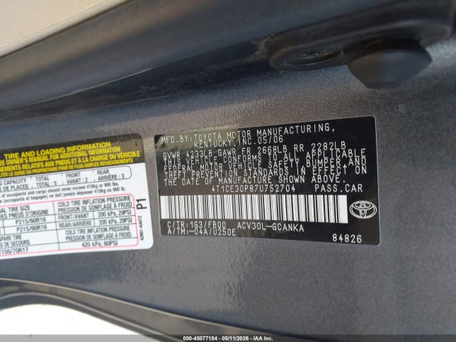 45077184 :رقم المزاد ، 4T1CE30P87U752704 vin ، 2007 Toyota Camry Solara Se مزاد بيع