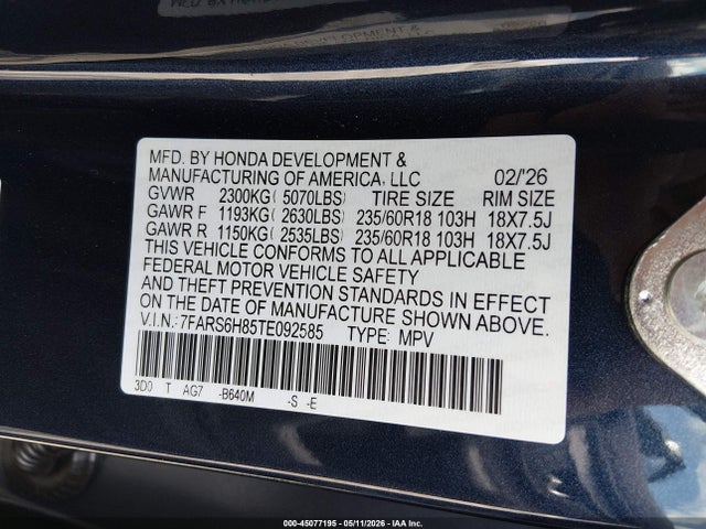 2026 Honda Cr-v Hybrid Awd Sport-l მანქანა იყიდება აუქციონზე, vin: 7FARS6H85TE092585, აუქციონის ნომერი: 45077195