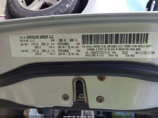 45077196 :رقم المزاد ، 1C6RD7KT7CS171131 vin ، 2012 Ram 1500 St مزاد بيع