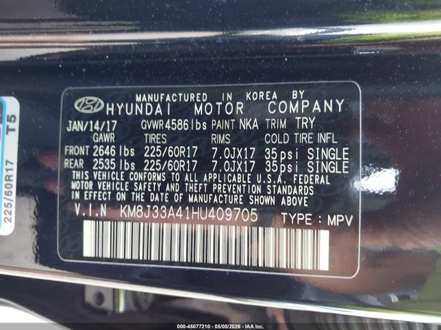 Aukcja sprzedaży 2017 Hyundai Tucson Se, vin: KM8J33A41HU409705, numer aukcji: 45077210