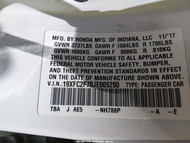 45077216 :رقم المزاد ، 19XFC2F70JE005290 vin ، 2018 Honda Civic Ex مزاد بيع