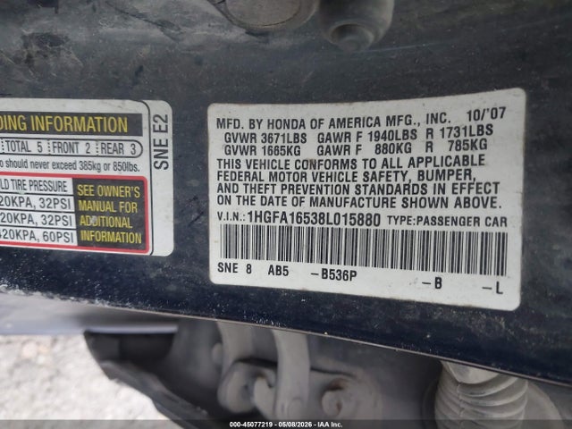 45077219 :رقم المزاد ، 1HGFA16538L015880 vin ، 2008 Honda Civic Lx مزاد بيع