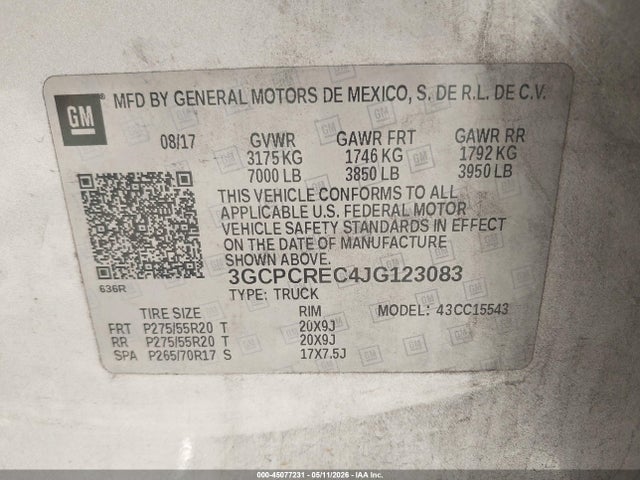 Aukcja sprzedaży 2018 Chevrolet Silverado 1500 1lt, vin: 3GCPCREC4JG123083, numer aukcji: 45077231