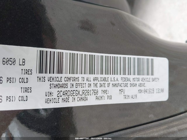 45077241 :رقم المزاد ، 2C4RDGEGXJR281760 vin ، 2018 Dodge Grand Caravan Gt مزاد بيع