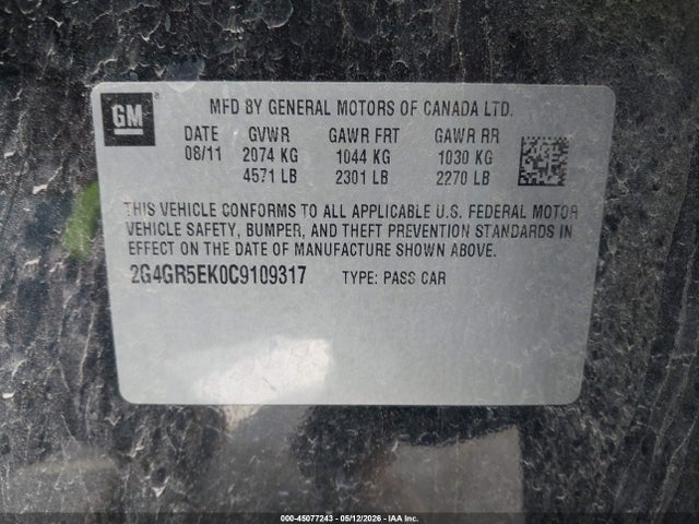 45077243 :رقم المزاد ، 2G4GR5EK0C9109317 vin ، 2012 Buick Regal مزاد بيع