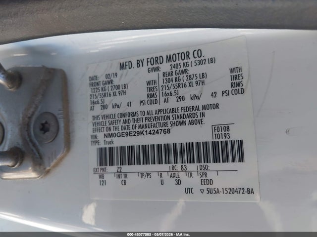 2019 Ford Transit Connect Xl მანქანა იყიდება აუქციონზე, vin: NM0GE9E29K1424768, აუქციონის ნომერი: 45077253