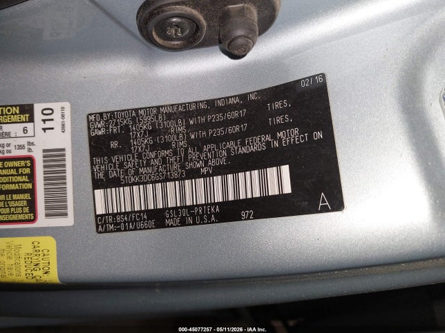 45077257 :رقم المزاد ، 5TDKK3DC6GS713873 vin ، 2016 Toyota Sienna Le 8 Passenger مزاد بيع