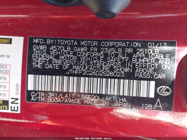 Aukcja sprzedaży 2013 Lexus Is 250c, vin: JTHFF2C26D2528023, numer aukcji: 45077268
