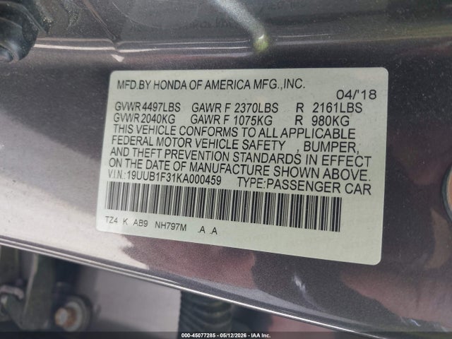 Продаж на аукціоні авто 2019 Acura Tlx Standard, vin: 19UUB1F31KA000459, номер лоту: 45077285