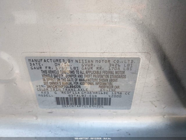 Продажа на аукционе авто 2016 Nissan Versa 1.6 Sv, vin: 3N1CN7AP7GL894226, номер лота: 45077287