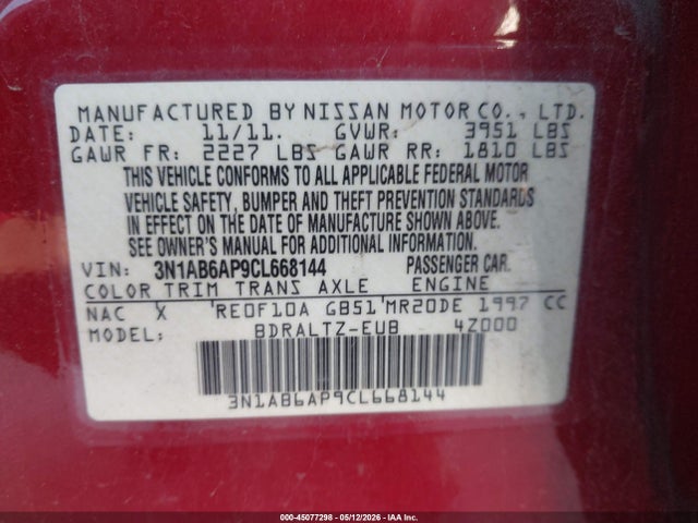 Продажа на аукционе авто 2012 Nissan Sentra 2.0 S, vin: 3N1AB6AP9CL668144, номер лота: 45077298