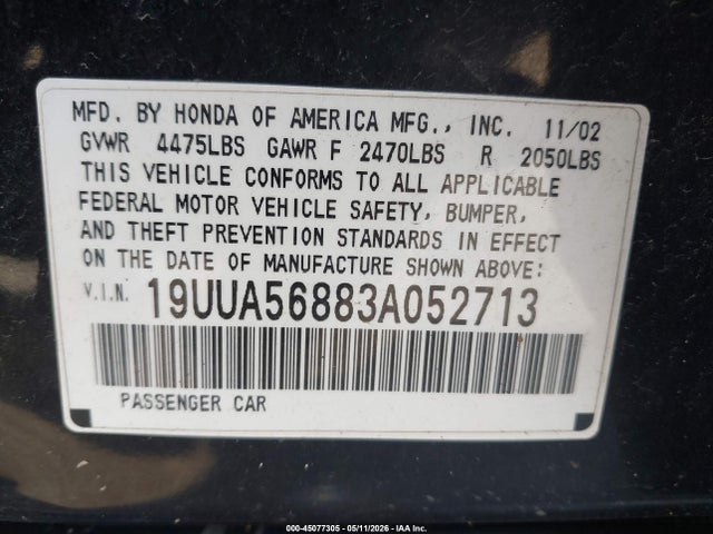 2003 Acura Tl 3.2 Type S მანქანა იყიდება აუქციონზე, vin: 19UUA56883A052713, აუქციონის ნომერი: 45077305